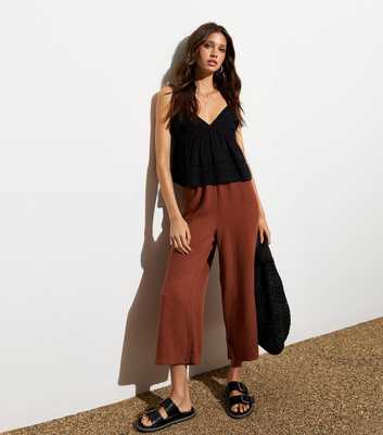 Brown Cropped Linen-Look Wide Leg Trousers