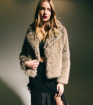 New look faux fur short coat in grey hotsell