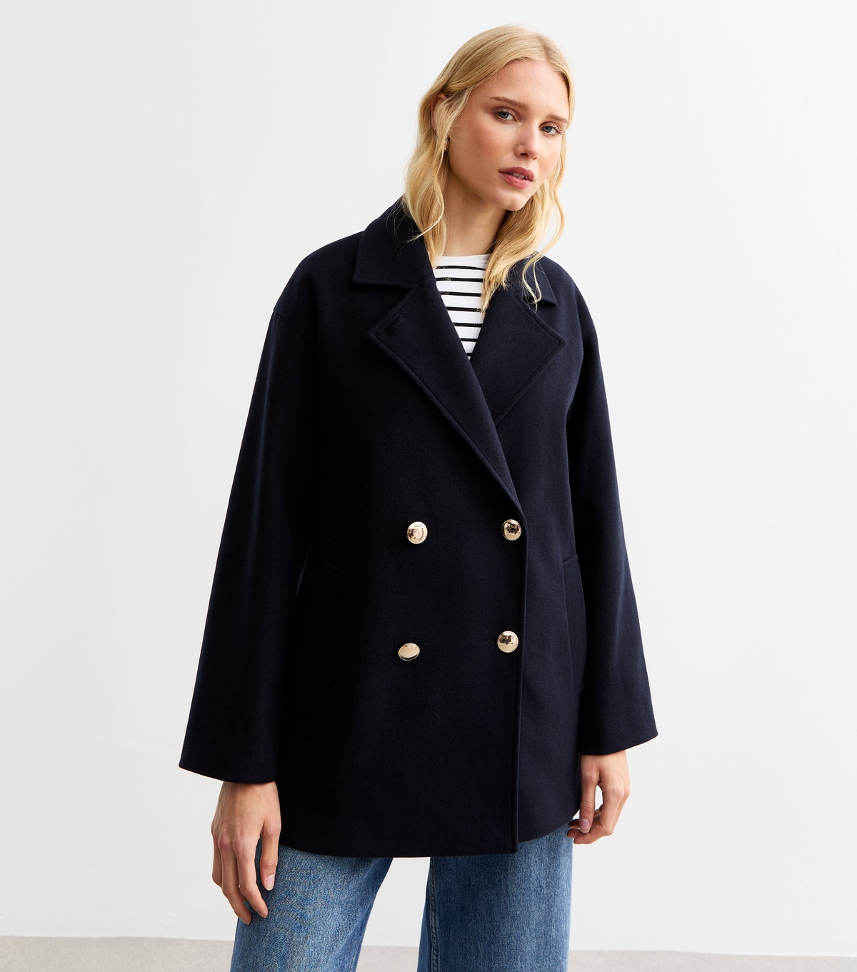 Women's Navy Double Breasted Pea Coat New Look