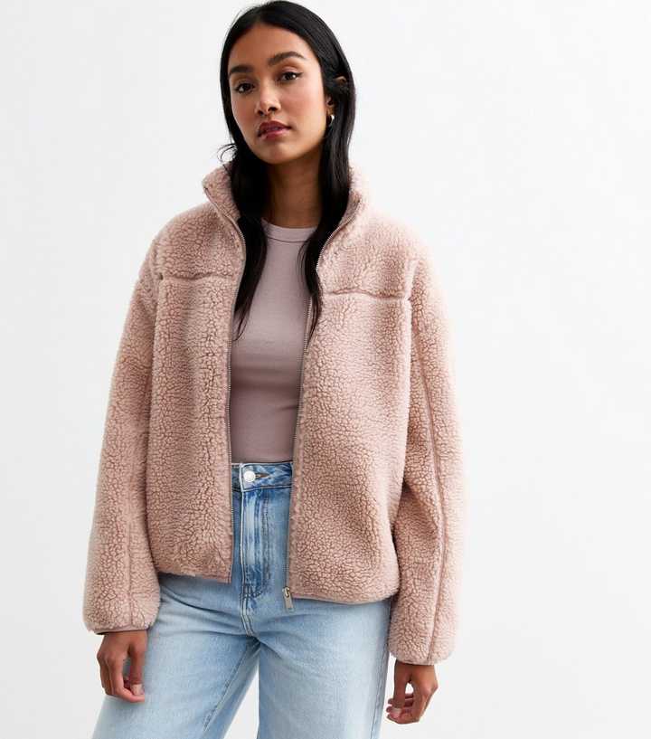 Dusky Pink Cropped Borg Popper Button Coat - Ezmerelda