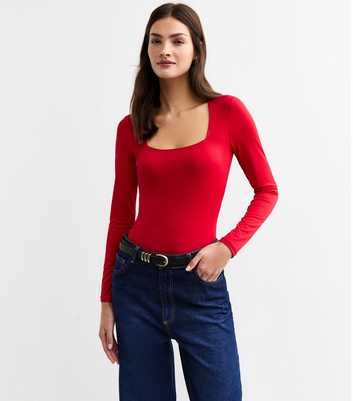 Red Square Neck Long Sleeve Bodysuit