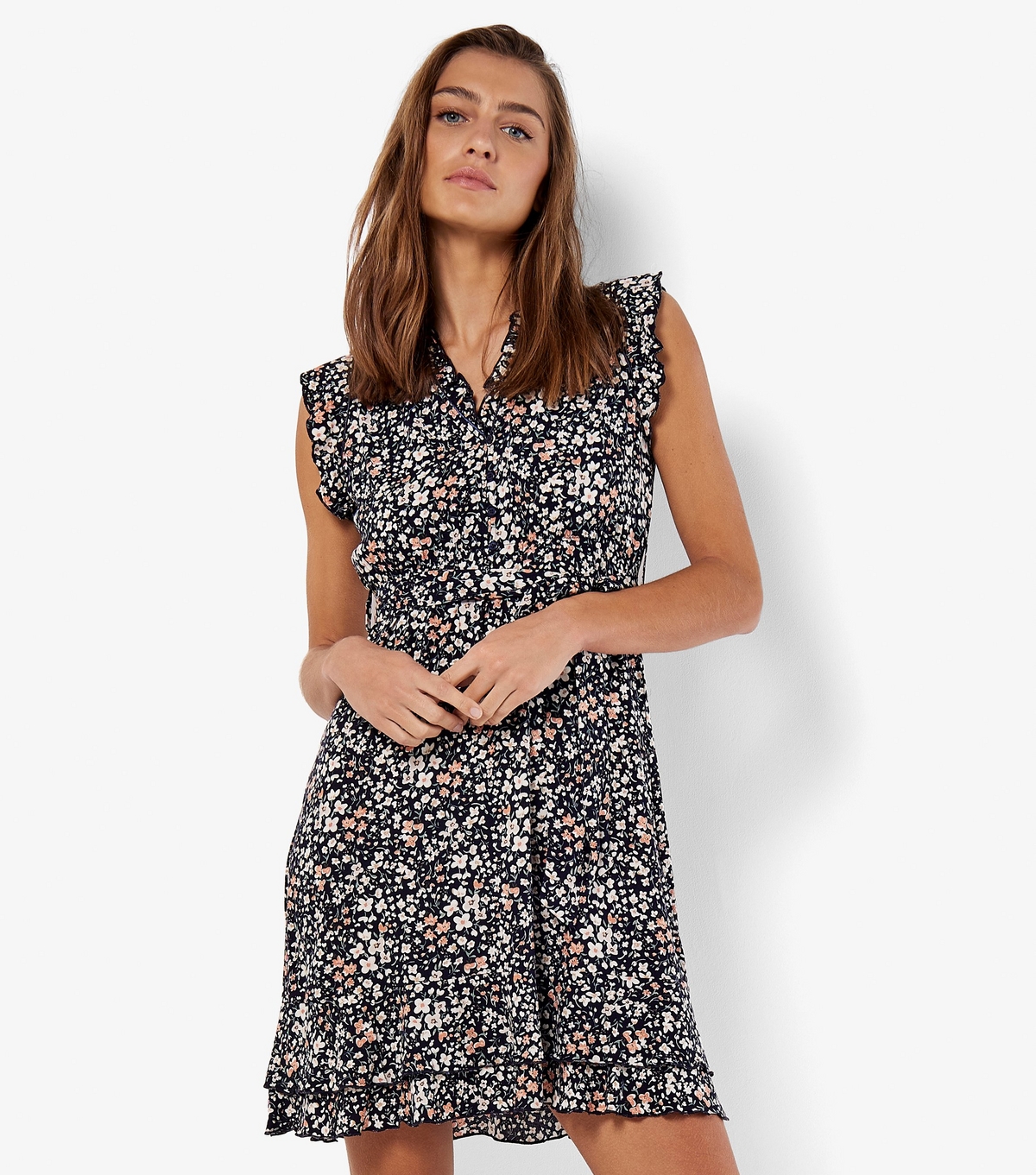 Women's Navy Floral Sleeveless Dress Apricot New Look