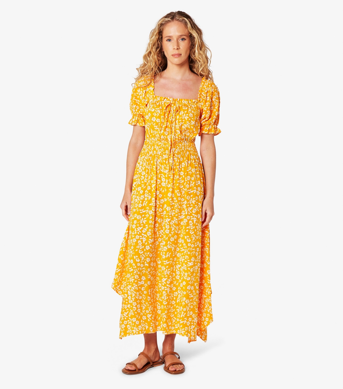 Women's Orange Floral Midi Dress Apricot New Look