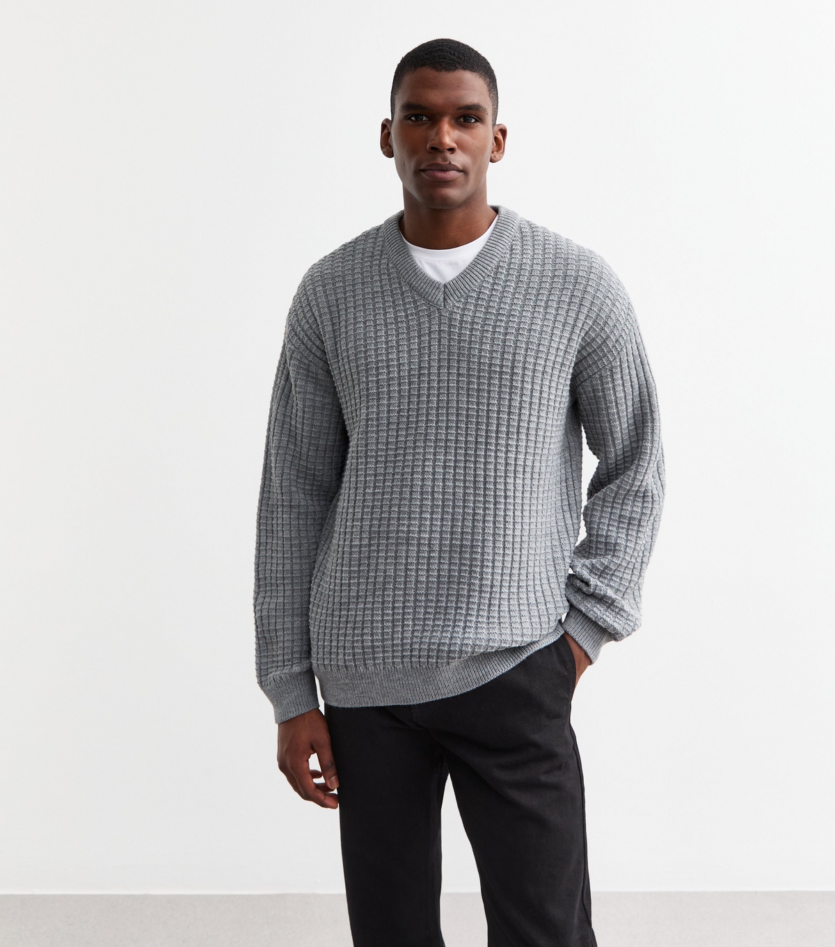 Men's Grey Relaxed Waffle Knit Jumper New Look