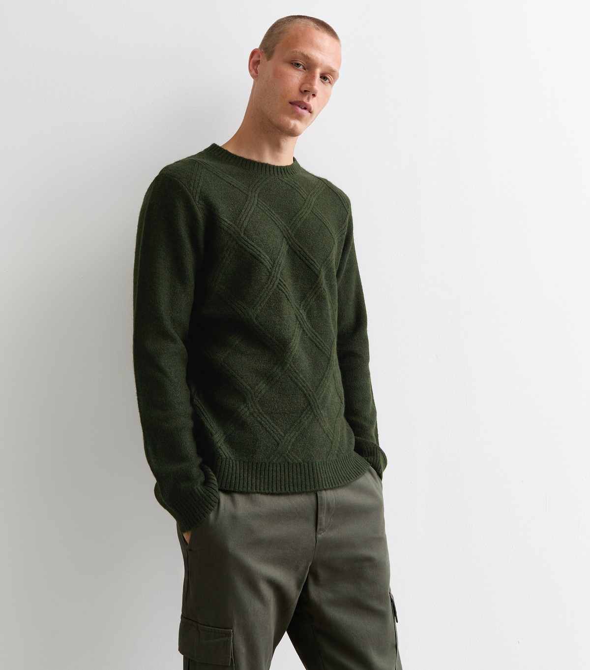 Men's Green Cable Knit Jumper New Look