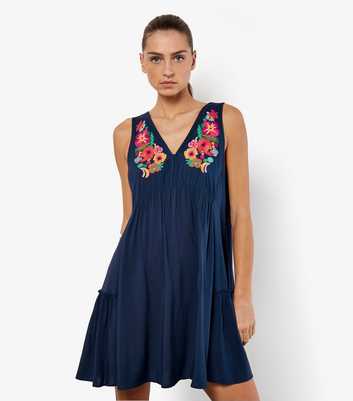 Apricot Navy Floral-Embroidered Swing Dress