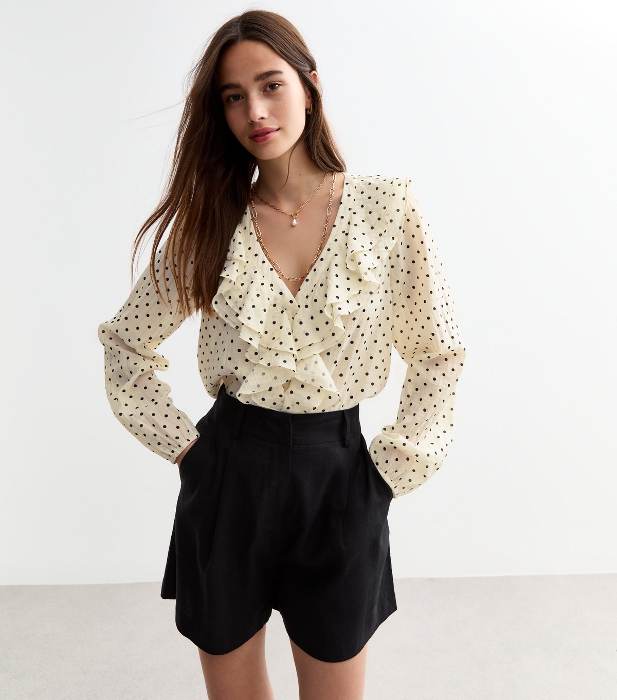 Women's Cream Polka Dot Ruffle Neck Blouse New Look