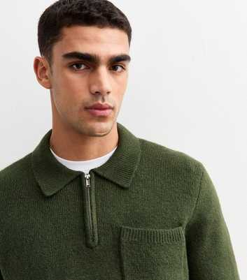 Green Relaxed Quarter Zip Polo Collar Jumper