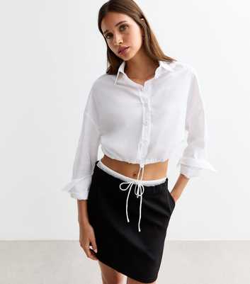 White Drawstring Hem Poplin Crop Shirt 