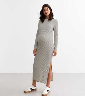 Maternity White Striped Long Sleeve Dress