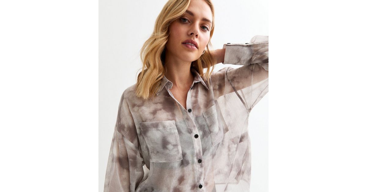 Loose Grey Tie Dye Cotton Shirt With Crew Neck For Spring Unisex Long Sleeve Top main image 0