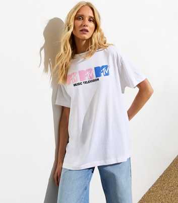 White Cotton MTV Print Oversized T-Shirt