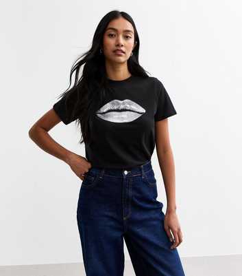 Black Lip Print Jersey T-Shirt