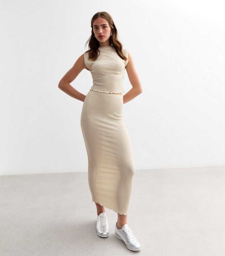 Cream Textured Midi Skirt 
