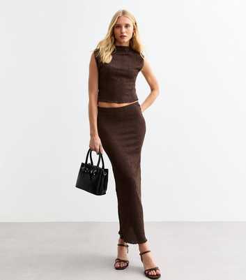 Brown Textured Midi Skirt 