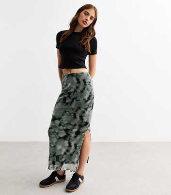 Light Grey Abstract Print Mesh Midi Skirt