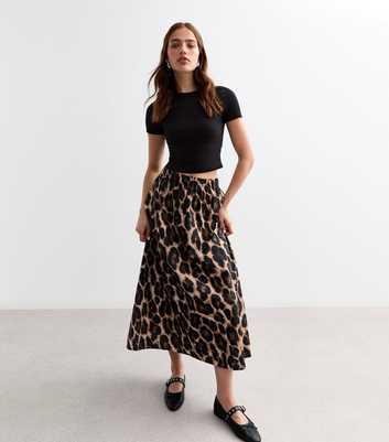 Brown Leopard Print Poplin Cotton Skirt 