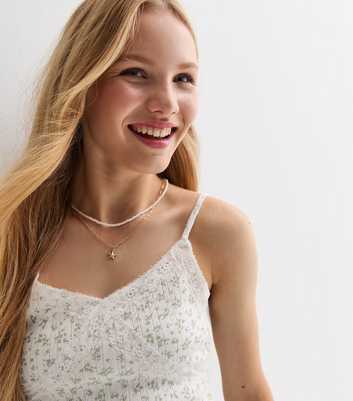 Girls White Floral Lace Trim Pointelle Cami Top