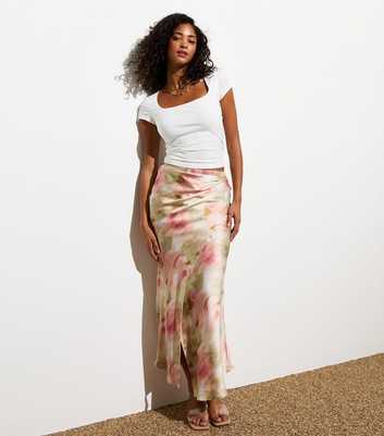 Multicoloured Smudge Print Ruched Midi Skirt