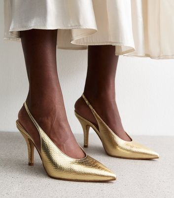 Gold Leather-Look Slingback Stiletto Heel Court Shoes New Look