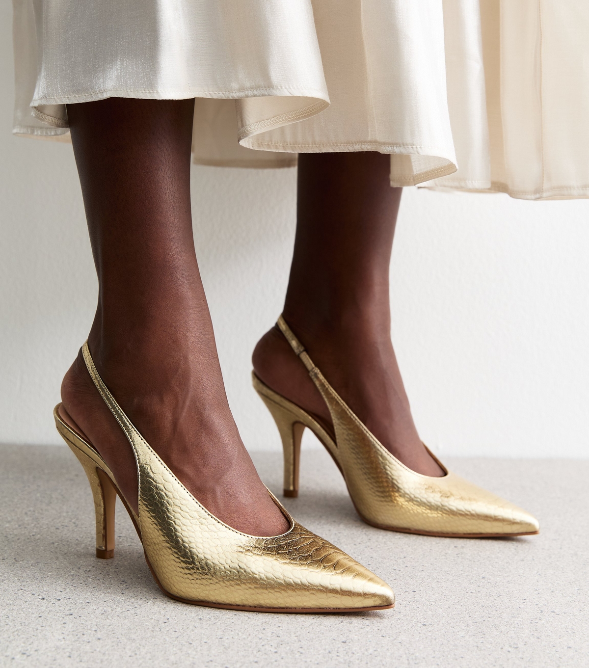 Women's Gold Leather-Look Slingback Stiletto Heel Court Shoes New Look
