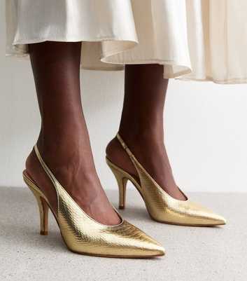 Gold Leather-Look Slingback Stiletto Heel Court Shoes