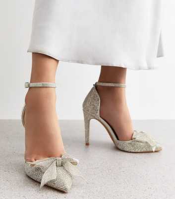 Silver Diamanté Bow Trim Stiletto Heel Court Shoes