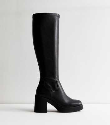 Black Chunky Heel Leather-Look Knee High Boots