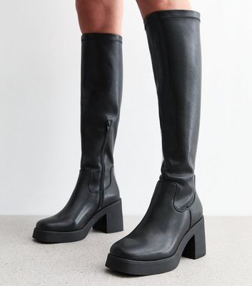 Black Chunky Heel Leather Look Knee High Boots New Look