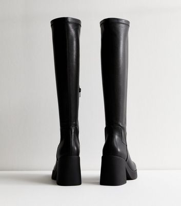 Black Chunky Heel Leather Look Knee High Boots New Look