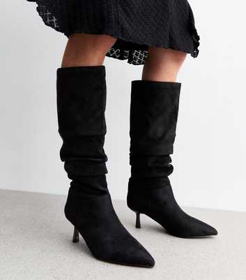 Wide Fit Black Ruched Suedette Knee High Boots