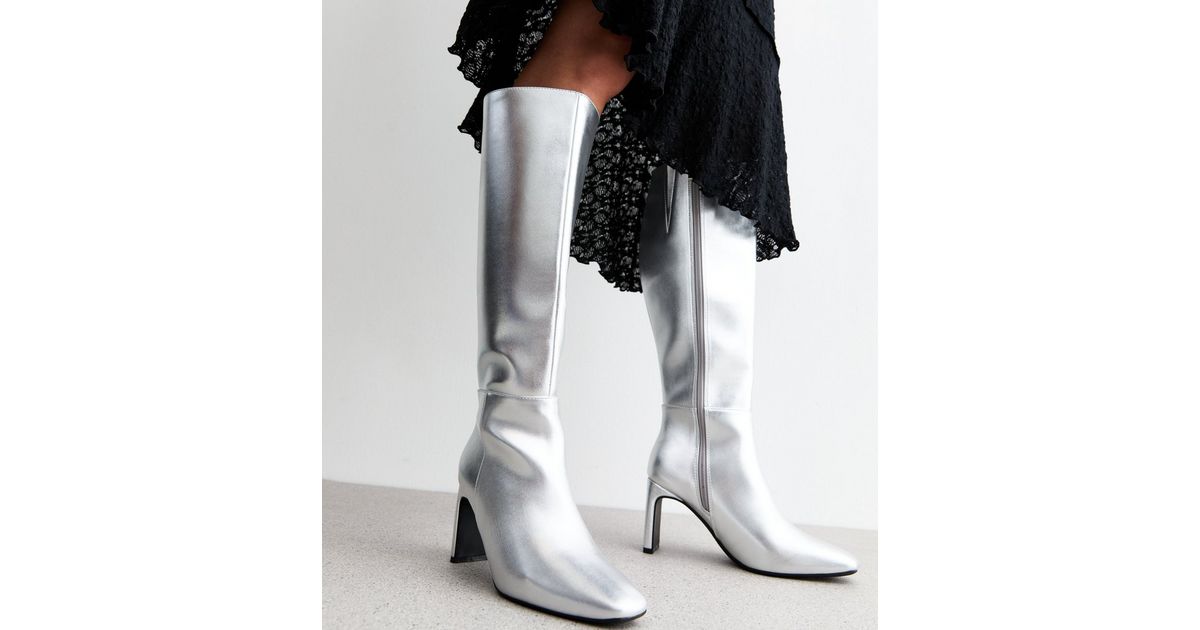 Silver Knee High Heeled Boots New Look