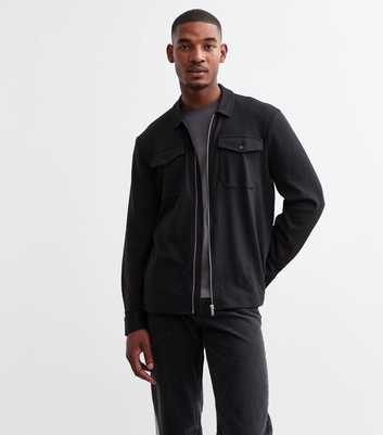 Black Regular Cotton Blend Zip Up Overshirt