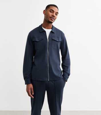 Navy Regular Cotton Blend Zip Up Overshirt