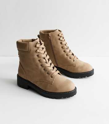 Wide Fit Camel Leather-Look Lace Up Boots