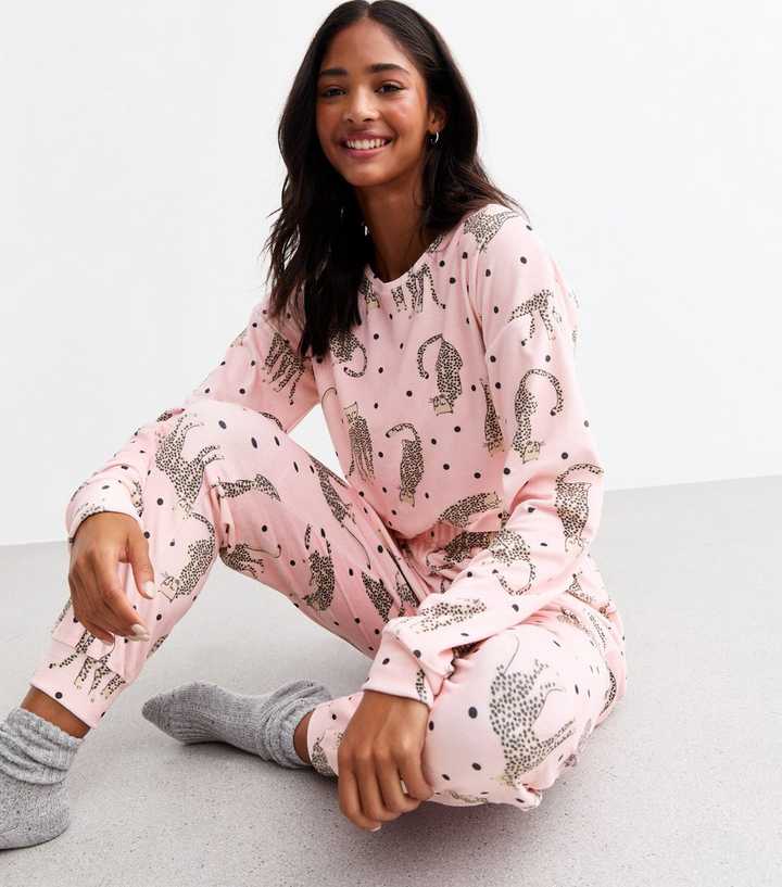 Loungewear Pj Set Womens Grey Fleece Pyjamas Pink Cat Print Pyjama Set ...