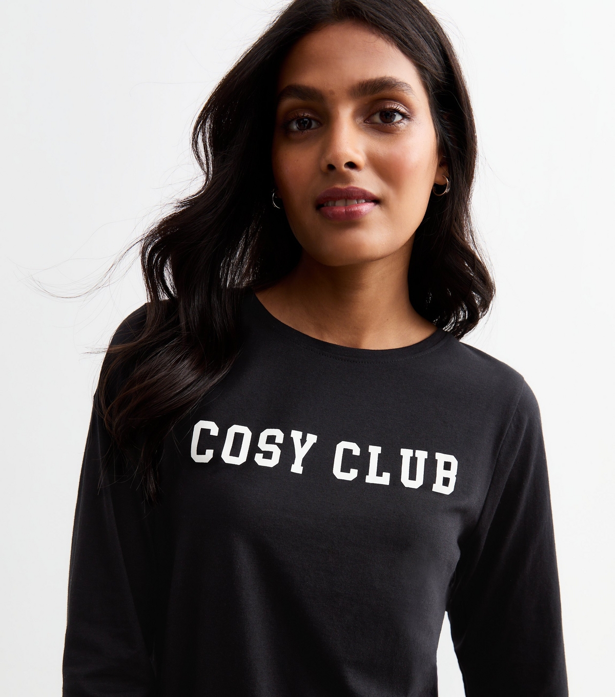 Women's Black Cosy Club Print Long Sleeve Top New Look