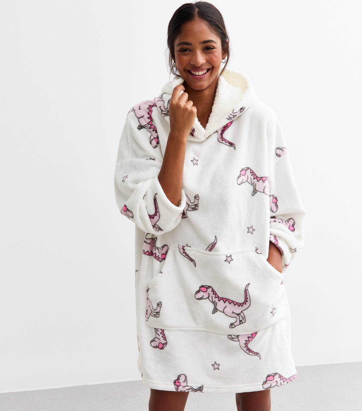 Women's White Oversized Dinosaur Print Fleece Hoodie New Look