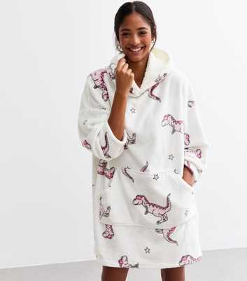 White Oversized Dinosaur Print Fleece Hoodie