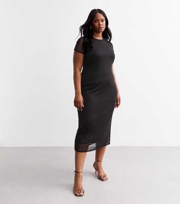 Curves Black Cap Sleeve Mesh Midi Dress