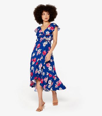 Apricot Blue Floral Wrap Midi Dress New Look