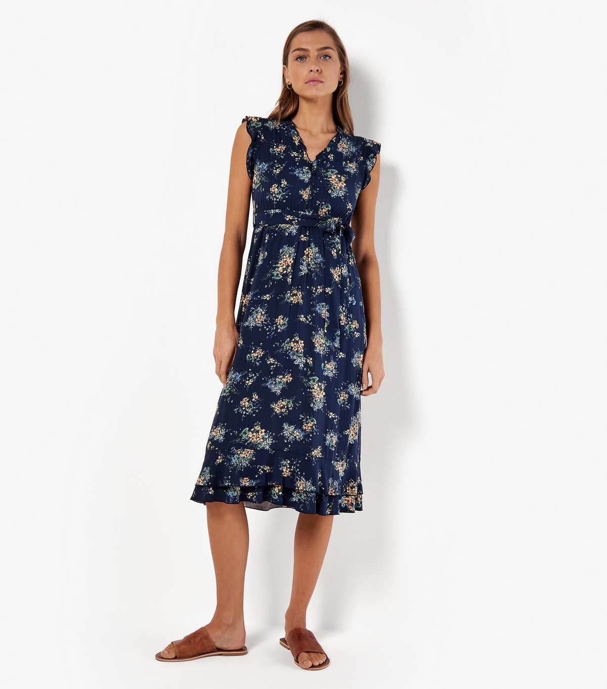 Women's Navy Floral Frill Midi Dress Apricot New Look