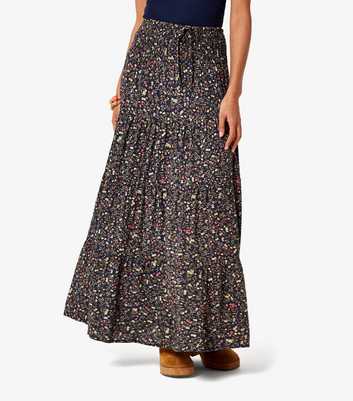 Apricot Navy Floral Shirred Maxi Skirt