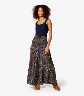 Apricot Navy Floral Shirred Maxi Skirt New Look