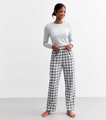 Light Grey Woven Check Wide Leg Pyjama Trousers