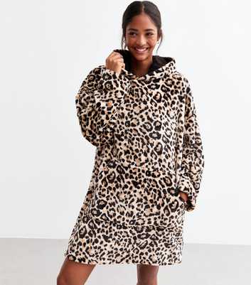 Brown Oversized Leopard Print Fleece Hoodie