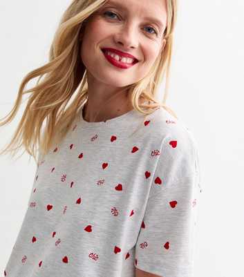 Grey Christmas Jersey Heart Print Pyjama Set