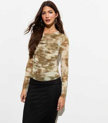 Brown Abstract-Print Ruched Long-Sleeved Top