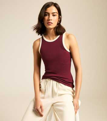 Burgundy Cotton Contrast Trim Racer Back Vest