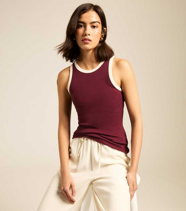 Burgundy Cotton Contrast Trim Racer Back Vest